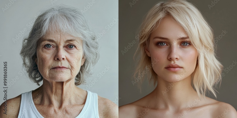Contrasting beauty through the ages: an older woman's wisdom alongside a young woman's freshness Contrasting beauty through the ages: an older woman's wisdom alongside a young woman's freshness