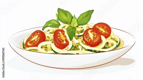 A plate of zucchini noodles with pesto and cherry tomatoes, flat color illustration