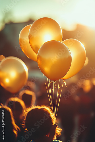 golden balloons are flying in the sky, children on s blurred background photo