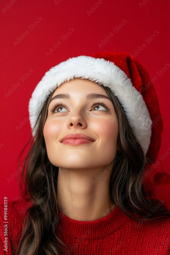 Happy christmas, new year, Close up photo of inspired lady looking at copyspace having thoughts about future events wearing santa claus hat isolated over red background Happy christmas, new year, Close up photo of inspired lady looking at copyspace having thoughts about future events wearing santa claus hat isolated over red background