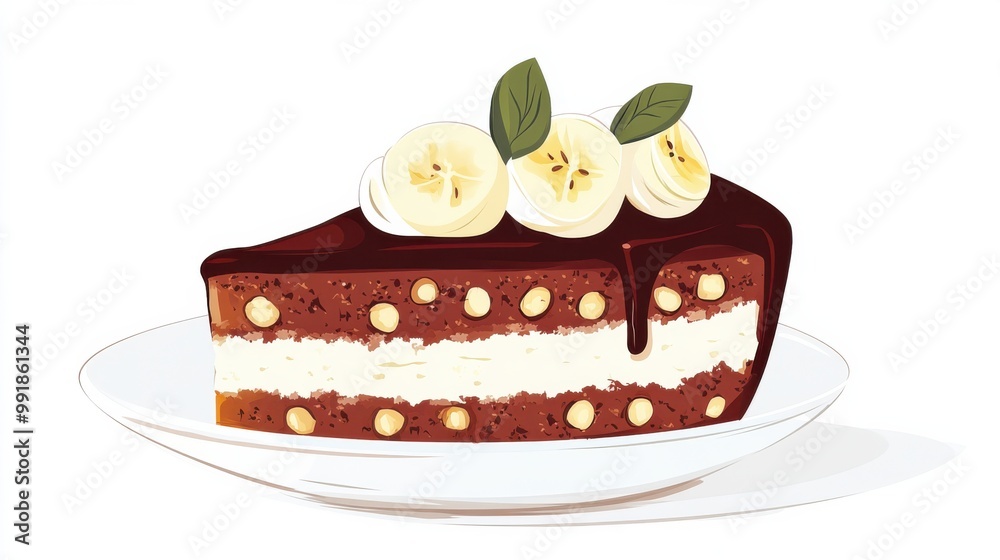 A slice of black forest cake with simple chocolate layers, flat color illustration A slice of black forest cake with simple chocolate layers, flat color illustration