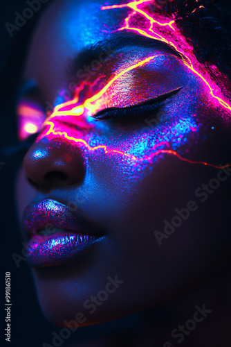 Close-up portrait of a Black woman with rich, dark skin, embodying the goddess of lightning photo