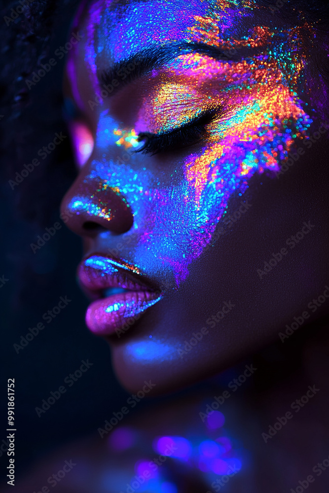 Close-up portrait of a Black woman with rich, dark skin, embodying the goddess of lightning Close-up portrait of a Black woman with rich, dark skin, embodying the goddess of lightning