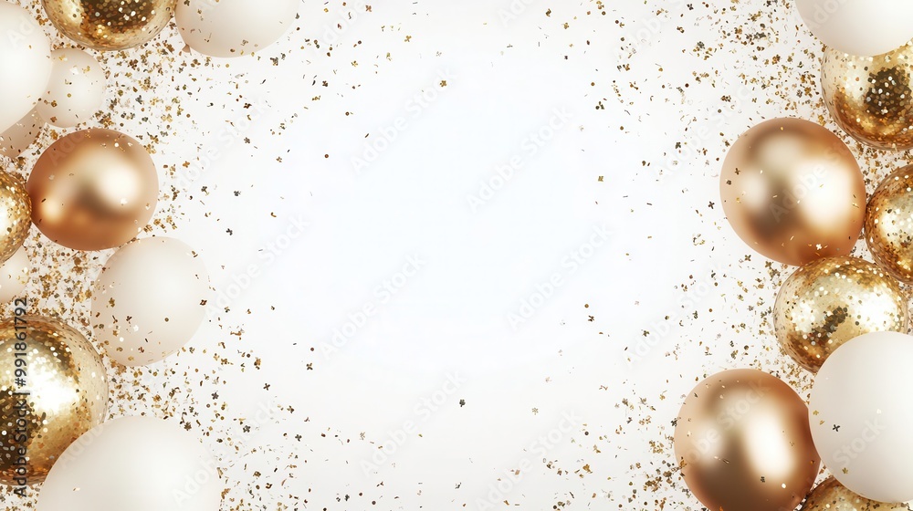 elegant gold confetti and balloons frame a central white space shimmering particles create a festive border perfect for celebratory announcements or invitations