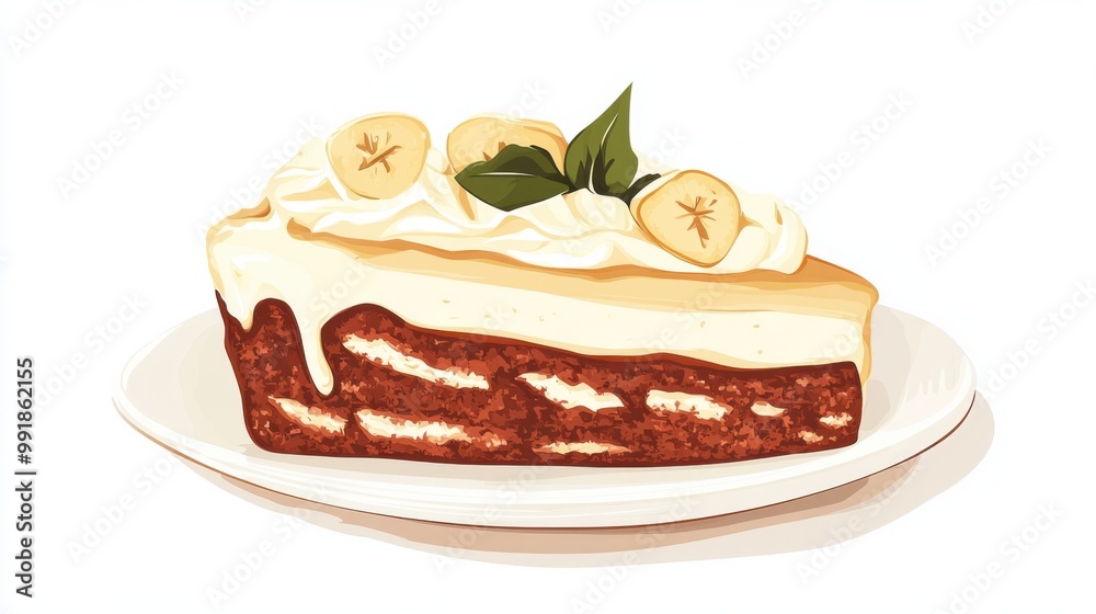 A slice of gingerbread cake with cream cheese frosting, flat color illustration A slice of gingerbread cake with cream cheese frosting, flat color illustration