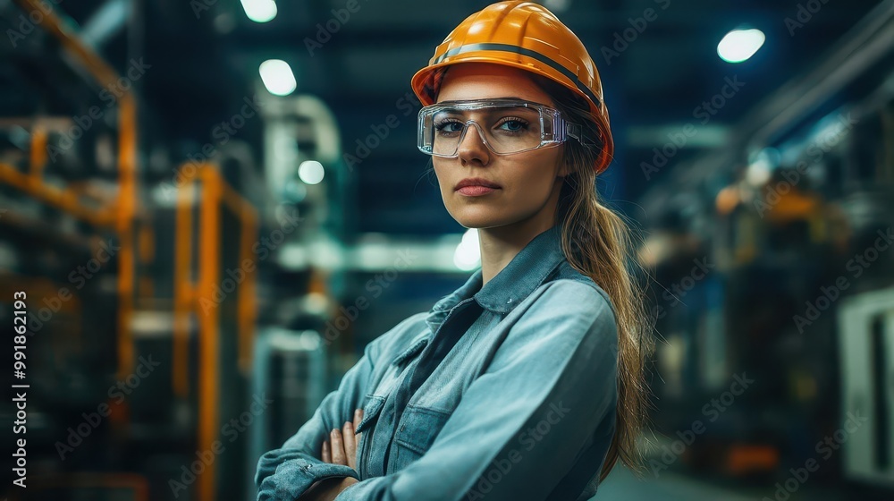 empowered female engineer confident pose in hightech factory futuristic machinery dynamic lighting progressive industrial setting empowered female engineer confident pose in hightech factory futuristic machinery dynamic lighting progressive industrial setting