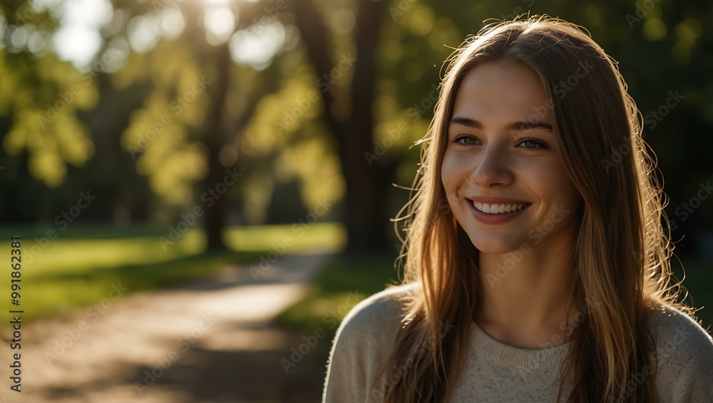 Young woman smiling in a sunlit park, surrounded by nature. Young woman smiling in a sunlit park, surrounded by nature.