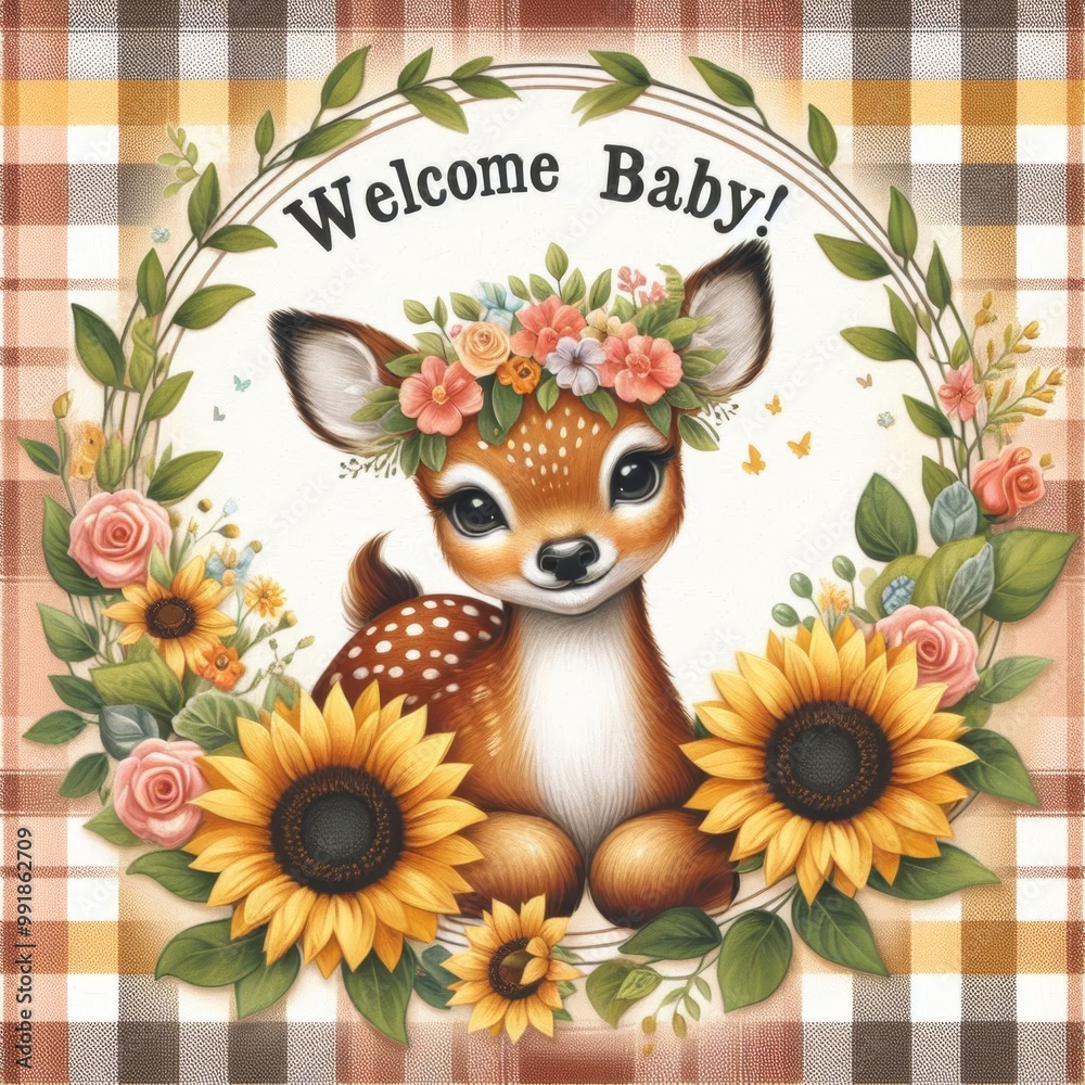 Naklejka premium Adorable baby deer illustration with flowers, welcoming a new arrival.