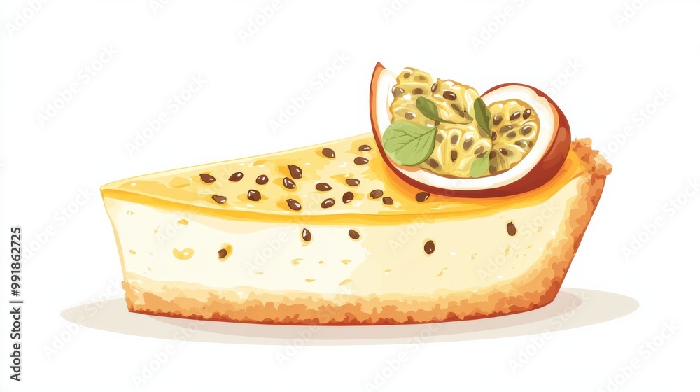 A slice of passion fruit cheesecake with a crumbly crust, flat color illustration A slice of passion fruit cheesecake with a crumbly crust, flat color illustration