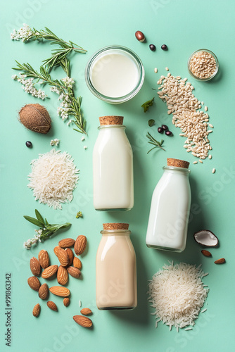 Non-dairy plant-based milks in bottles such as almond, coconut, rice and ingredients next to the bottles. on a pastel green background photo