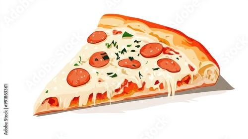 A slice of pizza with simplified cheese and pepperoni, flat color illustration