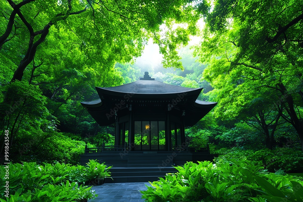 A serene temple surrounded by lush greenery, with soft sunlight filtering through the trees, symbolizing peace and reflection