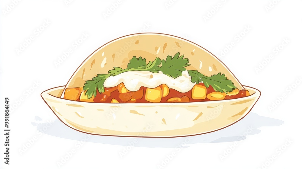 A taco with simple shell and fillings, flat color illustration, minimal details, viewed from the side, against a plain white background A taco with simple shell and fillings, flat color illustration, minimal details, viewed from the side, against a plain white background