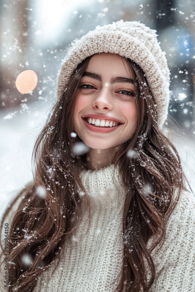 Portrait of a joyful young woman with long brunette hair having fun on a street full of snow. Portrait of a joyful young woman with long brunette hair having fun on a street full of snow.