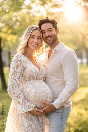 Radiant full-length image of a beautiful, 40-year-old pregnant blonde in the park, joyfully smiling with her husband photo