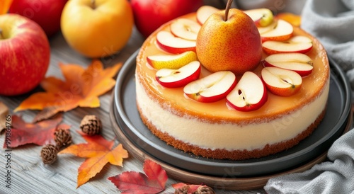 Beautifully decorated cake topped with fresh fruits on a wooden table in autumn