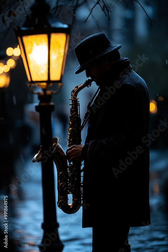 Silhouette of a person playing a saxophone under a streetlamp photo