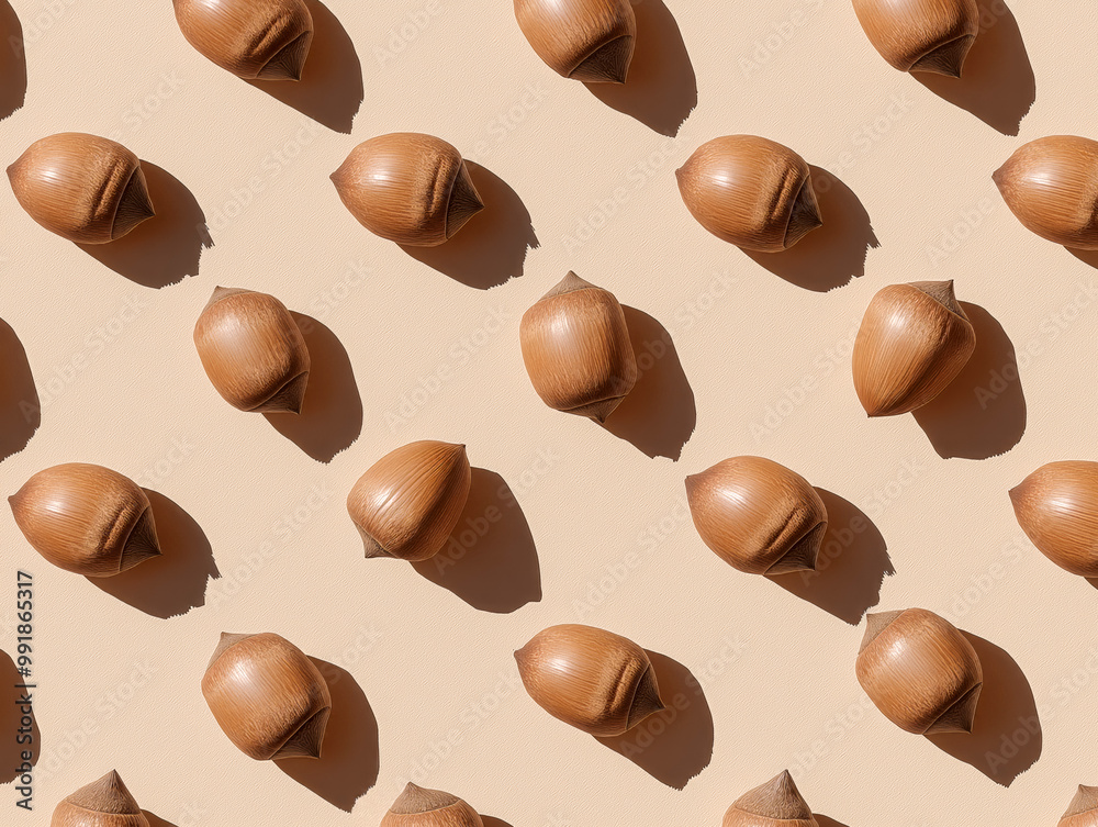 Fototapeta premium Repeating pattern of hazelnuts arranged on a beige background, casting natural shadows, minimalist food concept