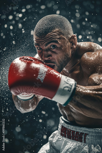 closeup shot of a male Boxing athlete in a dynamic pose, breadth of action in sport photo