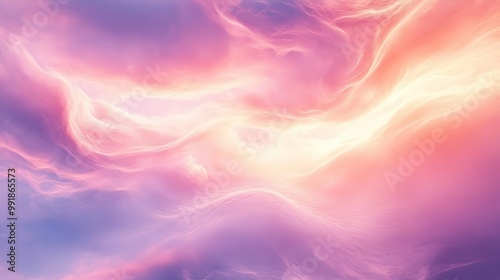 ethereal cloudscape at sunset with swirling cotton candy pink clouds creating abstract patterns gentle rays of sunlight pierce through casting a warm glow across the dreamy sky