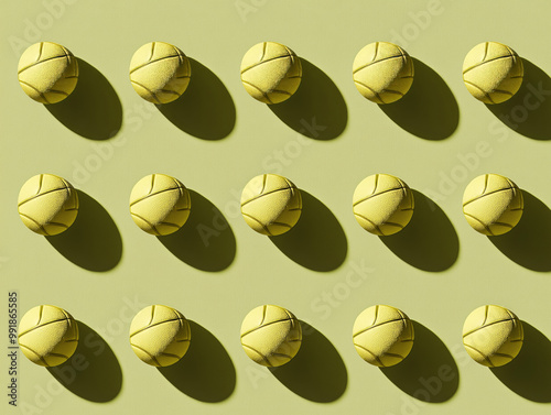 Yellow tennis balls arranged in a repeating grid on a pastel green background, casting strong shadows, minimalist sports design photo