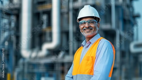 Senior indian Engineer wearing glasses helmet and safety vest in front of an industrial power plant or factory. Experienced, highly educated Indian civil or industrial engineer. Middle-aged man, weari photo