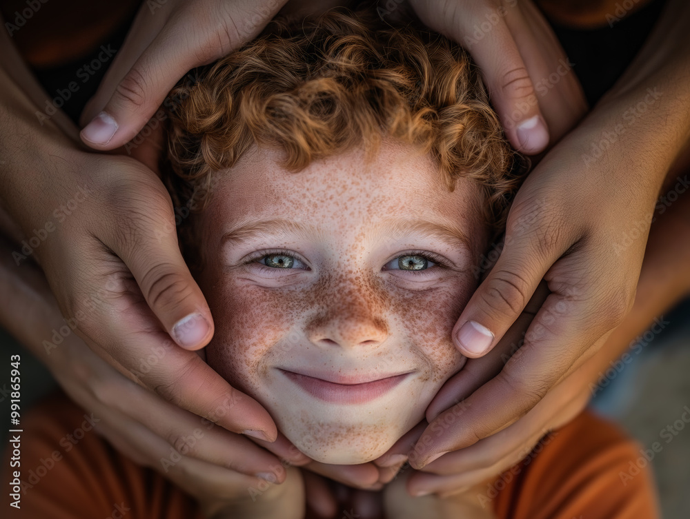 Close-up portrait of a smiling red-haired boy with freckles, hands gently holding his face, expressing love and care Close-up portrait of a smiling red-haired boy with freckles, hands gently holding his face, expressing love and care
