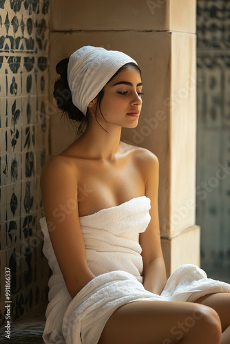Obraz na płótnie woman sitting in the hamam wearing in a towel w salonie