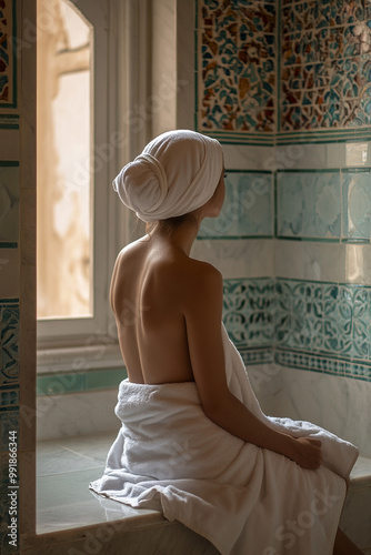 woman sitting in the hamam wearing in a towel photo