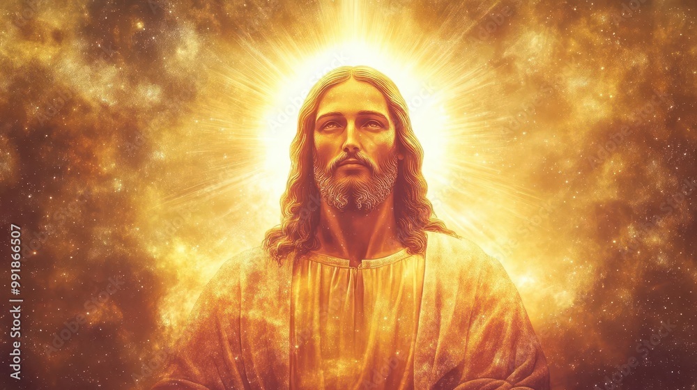 ethereal portrayal of jesus christ radiant light emanating from his form against celestial backdrop divine presence captured in spiritual inspirational artwork ethereal portrayal of jesus christ radiant light emanating from his form against celestial backdrop divine presence captured in spiritual inspirational artwork