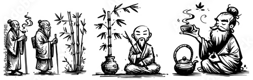 black and white vector of meditating old monk surrounded by bamboo