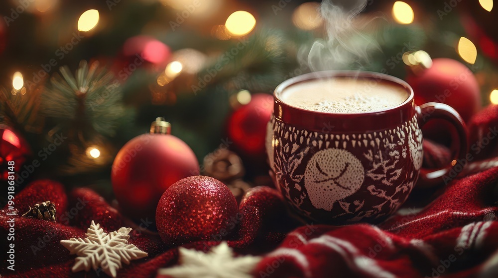 festive mug filled with steaming hot cocoa surrounded by cozy christmas decorations warm inviting scene with soft focus and gentle lighting evokes feelings of comfort and holiday cheer festive mug filled with steaming hot cocoa surrounded by cozy christmas decorations warm inviting scene with soft focus and gentle lighting evokes feelings of comfort and holiday cheer