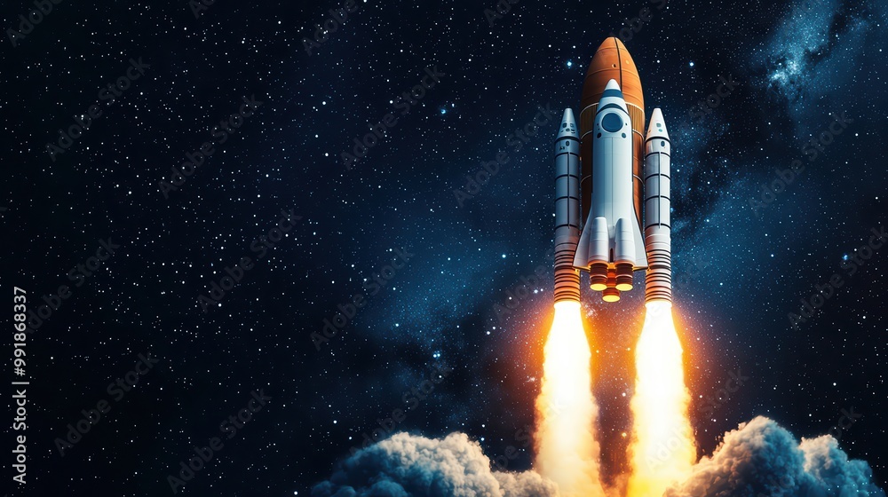 A rocket launching into space against a starry night sky, showcasing the power of space exploration. A rocket launching into space against a starry night sky, showcasing the power of space exploration.