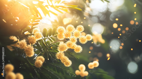 Vibrant Mimosa Blossoms Against Lush Green Foliage Creating a Serene Natural Scene