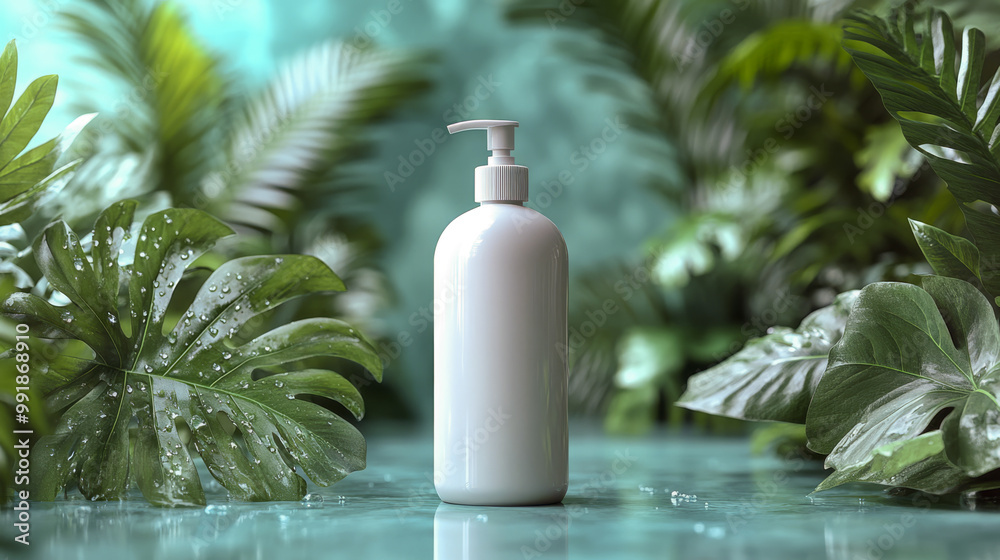 Blank white shampoo bottle with pump, minimal pastel background, water droplets, and tropical leaves, ideal for mockup or branding. Blank white shampoo bottle with pump, minimal pastel background, water droplets, and tropical leaves, ideal for mockup or branding.