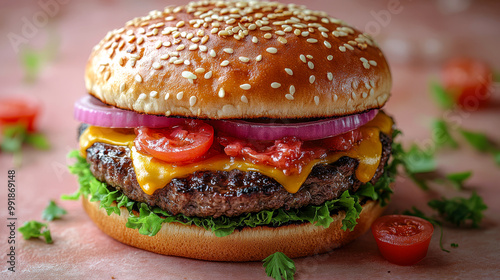 Classic burger with sesame bun on light pink surface with soft lighting, ideal for food branding or mockup.