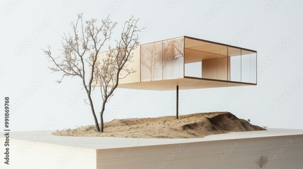 Modern Architectural Model of a Contemporary House with a minimalist design, featuring large windows, a wooden frame, and a single tree. Modern Architectural Model of a Contemporary House with a minimalist design, featuring large windows, a wooden frame, and a single tree.