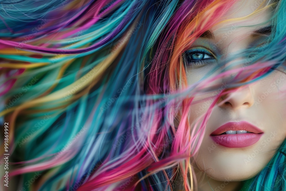 Beautiful close-up of a young woman with bright multicolored hair, beautifully fluttering in the wind Beautiful close-up of a young woman with bright multicolored hair, beautifully fluttering in the wind
