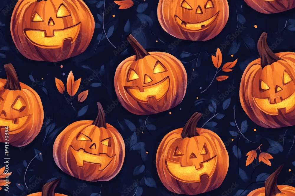 A black and orange background with a pattern of pumpkins and leaves, generative ai image A black and orange background with a pattern of pumpkins and leaves, generative ai image