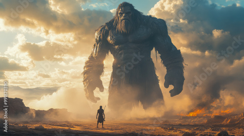 Epic biblical scene of David facing the giant Goliath in a desert setting, symbolizing the battle of faith versus strength..