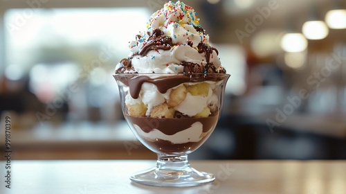Delicious dessert with whipped cream, chocolate sauce and sprinkles in a glass bowl on a white table.