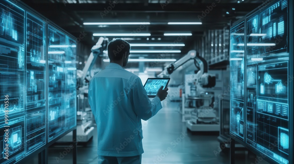 futuristic warehouse interior with holographic displays robotic arms and a manager using a transparent tablet soft blue lighting illuminates sleek metal surfaces