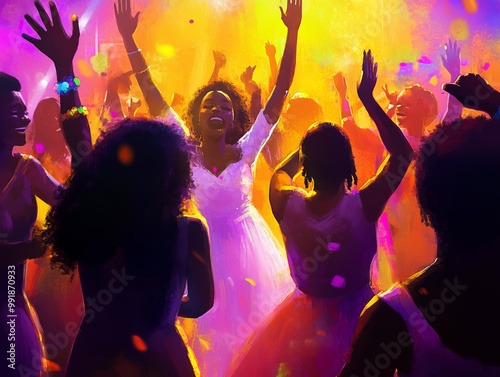 A lively celebration with joyful dancing and vibrant colors at a party