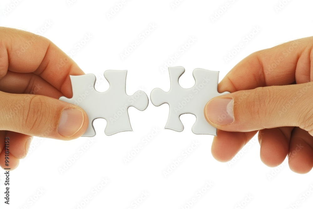 Connecting puzzle pieces in hands: symbol of teamwork and problem solving Connecting puzzle pieces in hands: symbol of teamwork and problem solving