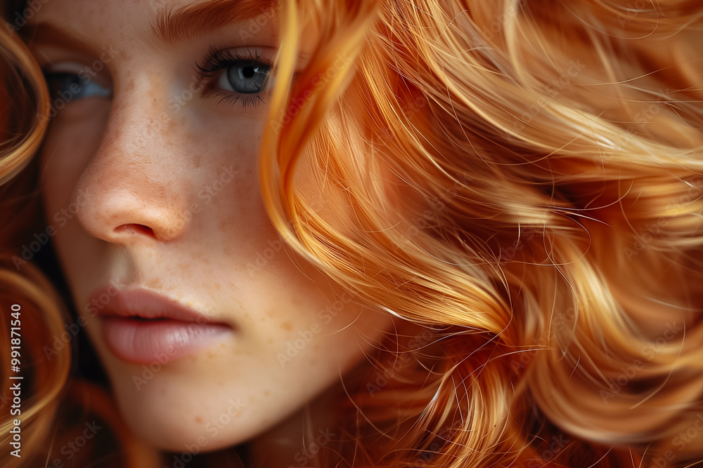 A young woman displays striking curly red hair that cascades around her face, highlighting her features. She gazes thoughtfully to the side, exuding a sense of introspection A young woman displays striking curly red hair that cascades around her face, highlighting her features. She gazes thoughtfully to the side, exuding a sense of introspection