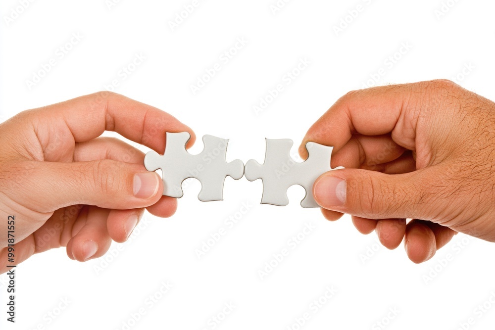 Two hands connecting puzzle pieces on white background Two hands connecting puzzle pieces on white background