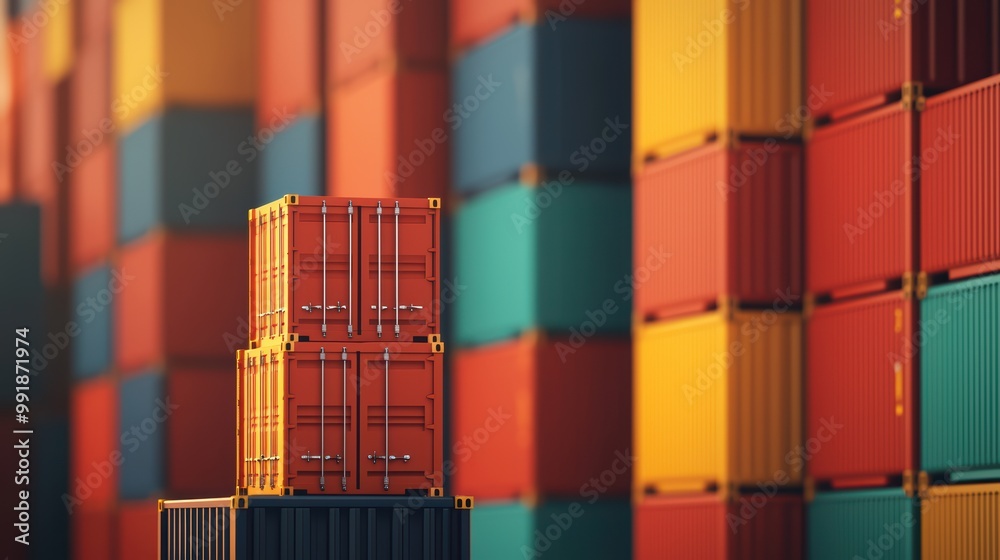 Fototapeta premium Colorful shipping containers stacked in a warehouse, showcasing freight logistics and international trade.