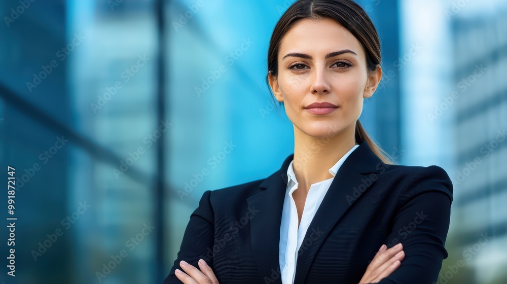 Confident woman in business attire posing outdoors with a city skyline in the background. Confident woman in business attire posing outdoors with a city skyline in the background.