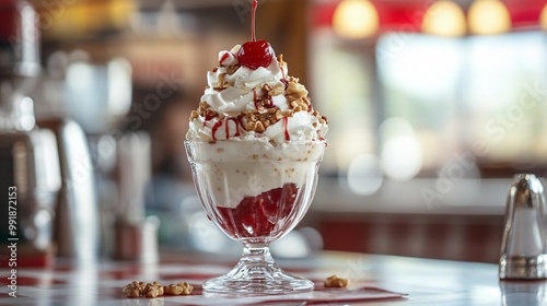 Delicious ice cream sundae with whipped cream, cherry, walnuts, and red sauce in a glass dish.