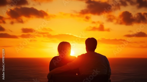 Couple enjoying a romantic sunset together, silhouette against a vibrant orange sky.